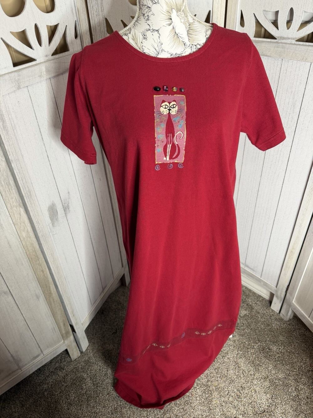 Vintage Cat Beaded Boho Teacher Cottage Core Red Cotton Dress Size Medium